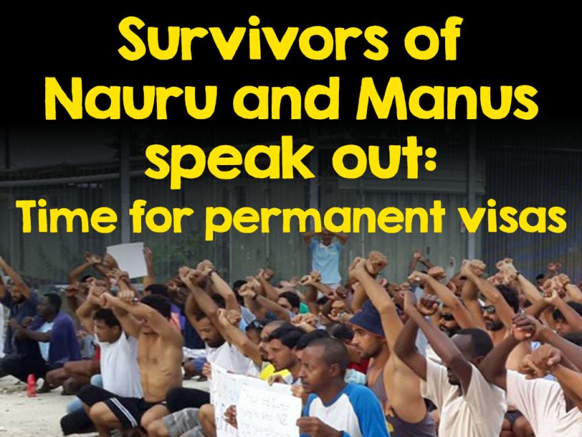Artwork and graphic for event Survivors of Manus and Nauru speak out: Time for permanent visas, 6pm 01/06/2026 NSW Teachers Federation, 23-33 Mary Street, Surry Hills NSW 2010