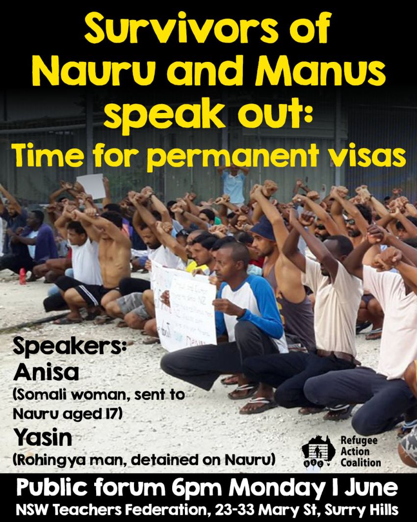 Artwork and poster for event Survivors of Nauru and Manus speak out: Time for permanent visas, 6pm 01/06/2026 NSW Teachers Federation, 23-33 Mary Street, Surry Hills NSW 2010