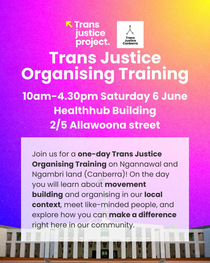 Artwork and poster for event Trans Justice Organising Training – Canberra, 10am-4:30pm 06/06/2026 Health Hub building, 2/5 Allawoona St, Bruce ACT 2617