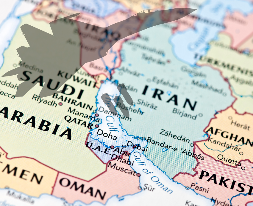 map of iran, f35 jet, bombs