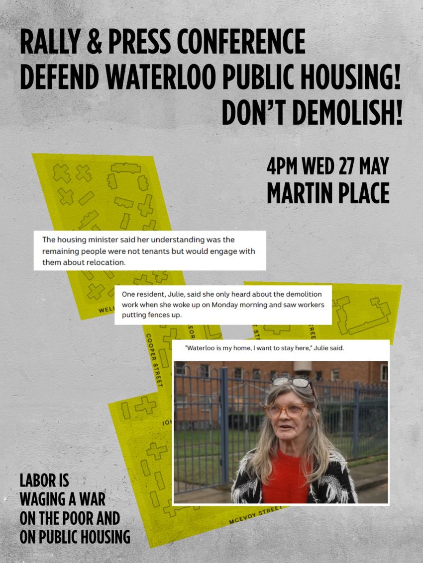 Artwork and poster for event Rally & Press Conference: Defend Waterloo Public Housing! Refurbish, Don't Demolish! 4pm Martin Place, Macquarie St, Sydney NSW 2000