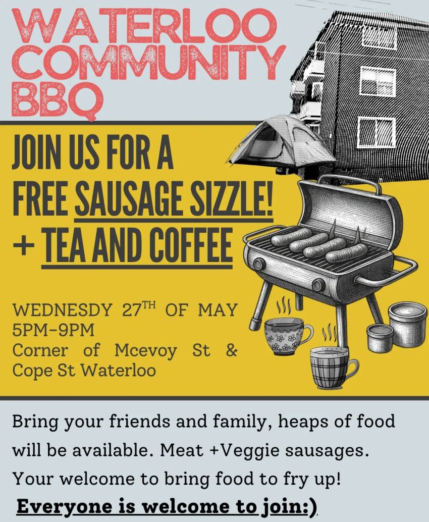 Artwork and poster for event Waterloo Community BBQ, 5pm-9pm Cope St & McEvoy St Waterloo NSW 2017