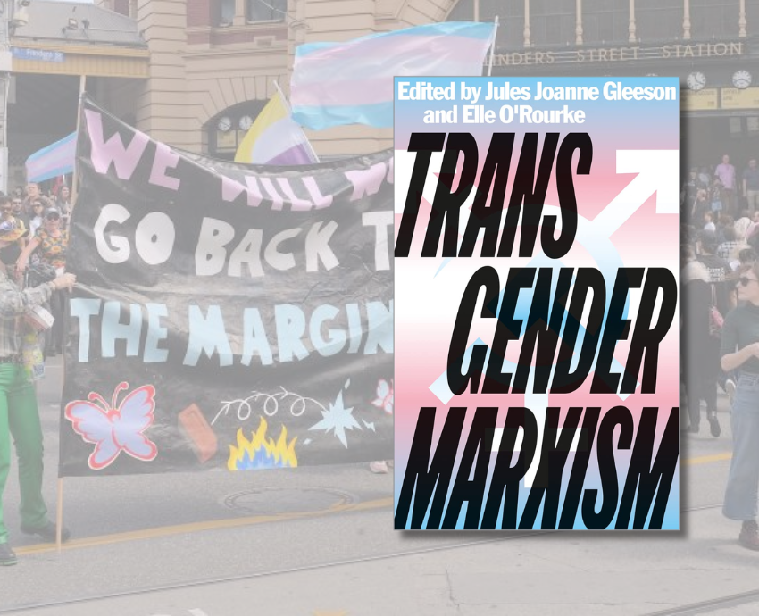 book cover against a background photo of a trans right protest