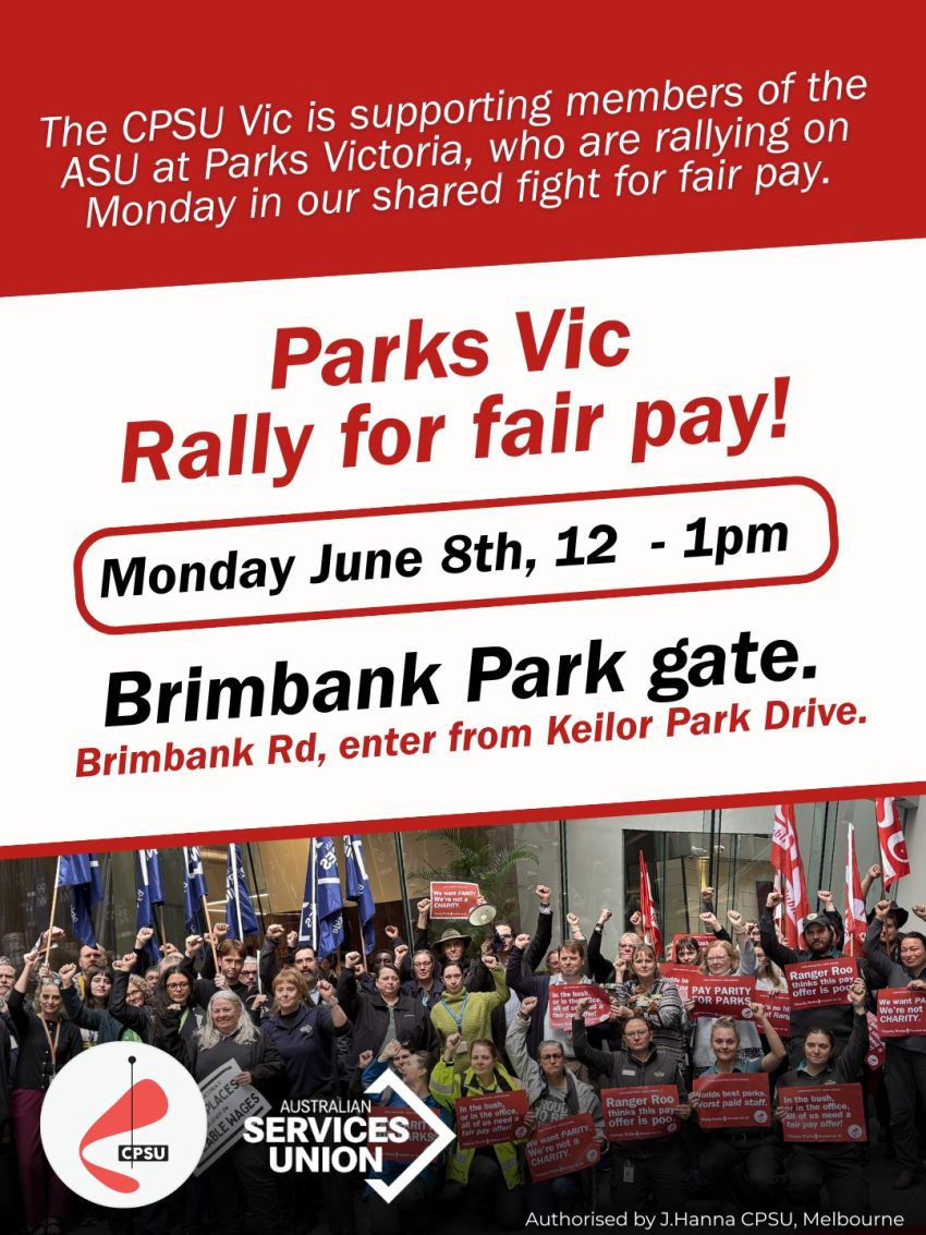 Artwork for event Parks Vic Rally for fair pay! 12pm-1pm 08/06/2026 Brimbank Park Gate, Brimbank Rd, enter from Keilor Park Dr, Keilor East VIC 3036