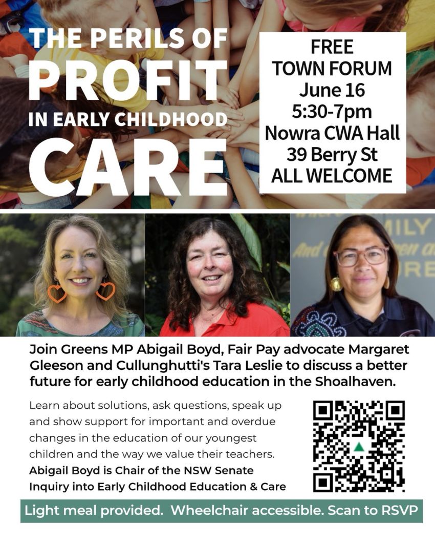 Artwork and poster for event post "Perils of Profit: The Crisis in the Early Childhood Sector" 5:30pm-7:30pm 16/06/2026 Nowra CWA Hall 39 Berry St (near back car park) Nowra NSW 2541