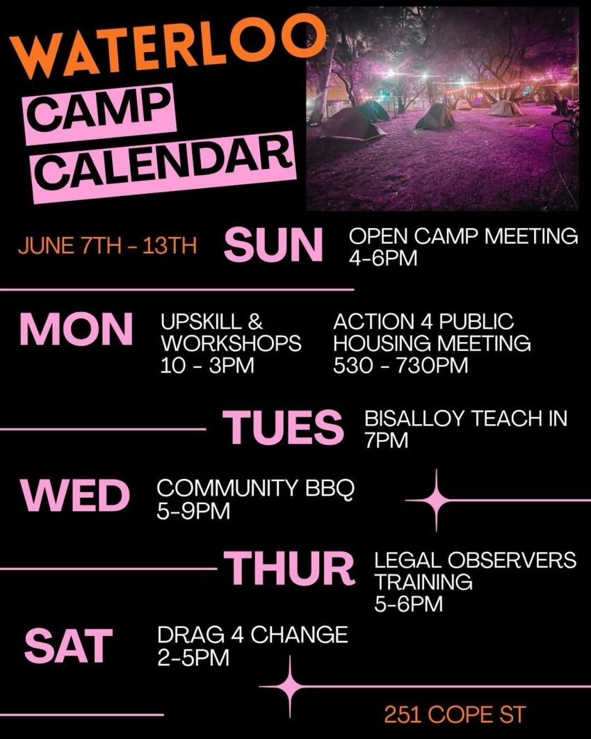 Artwork for Save Waterloo Encampment camp calendar for June 7th to June 13th