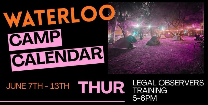 Artwork for event Save Waterloo Housing legal observers training, 5pm-6pm 11/06/2026 Save Waterloo Encampment, 251 Cope St Waterloo NSW 2017