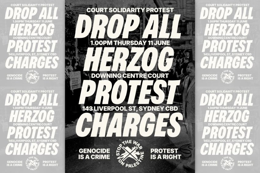Artwork and main image for event listing "Court solidarity protest: Drop all Herzog protest charges"