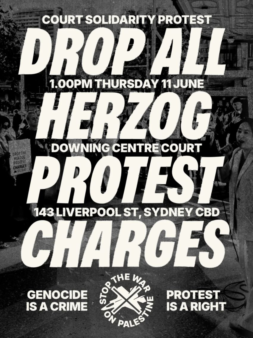 Artwork and poster for event "Court solidarity protest: Drop all Herzog protest charges"