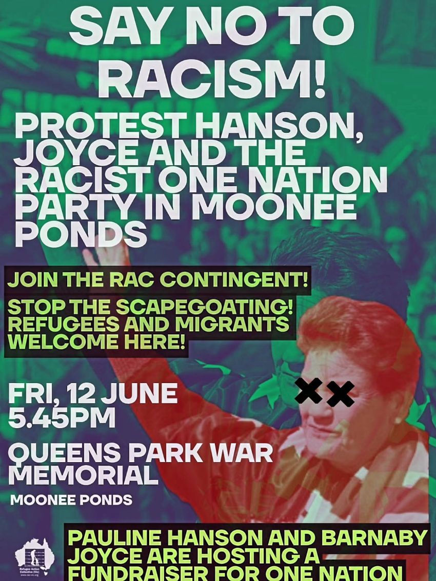 Artwork and poster for event "Join the RAC contingent to the Drive Out Hanson anti-racism rally" 5:45pm 12/06/2026 Queens Park War Memorial 3 Kellaway Ave Moonee Ponds VIC 3039