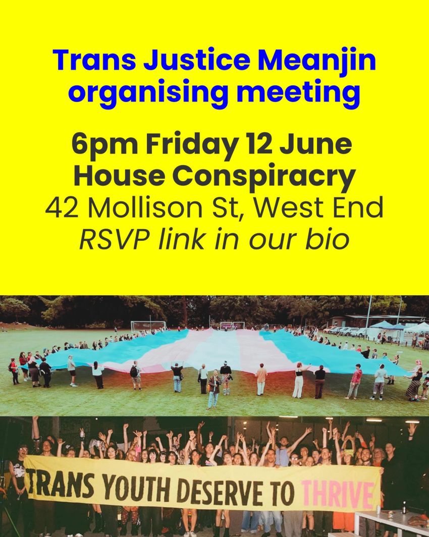 Artwork and poster for event "Trans Justice Meanjin organiser meeting" 6pm 12/06/2026 House Conspiracy, 42 Mollison St, West End QLD 4101