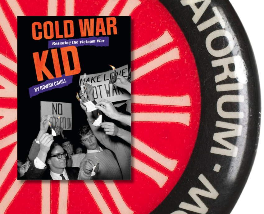 book cover and anti-war badge