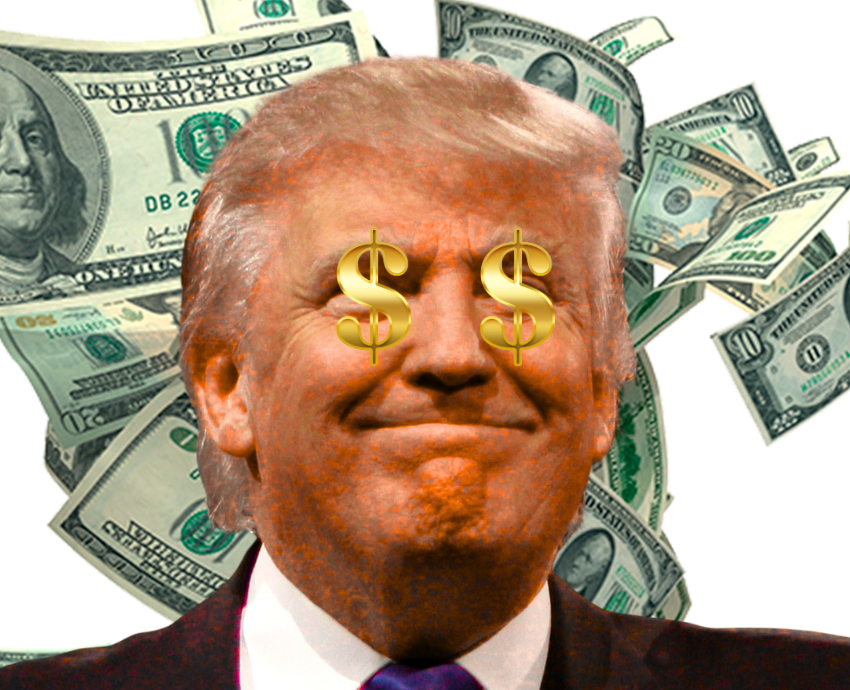 Trump with dollar signs for eyes