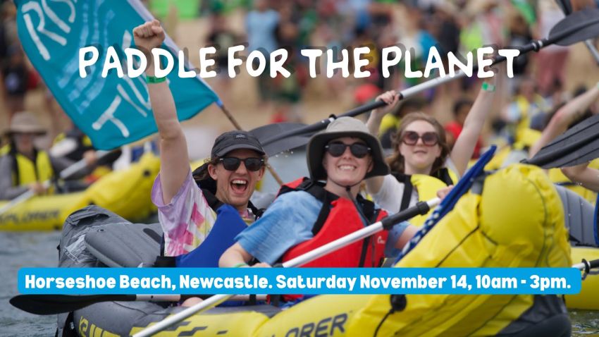 Artwork and main image for event listing "Paddle for the Planet" 10am-3pm 14/11/2026 Horseshoe Beach, Horseshoe Bend Road, Muloobinba NSW 2300