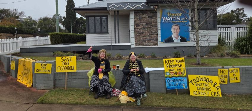 Photo of Toowoomba Knitting Nannas Against Coal & Gas outside the office of Trevor Watts