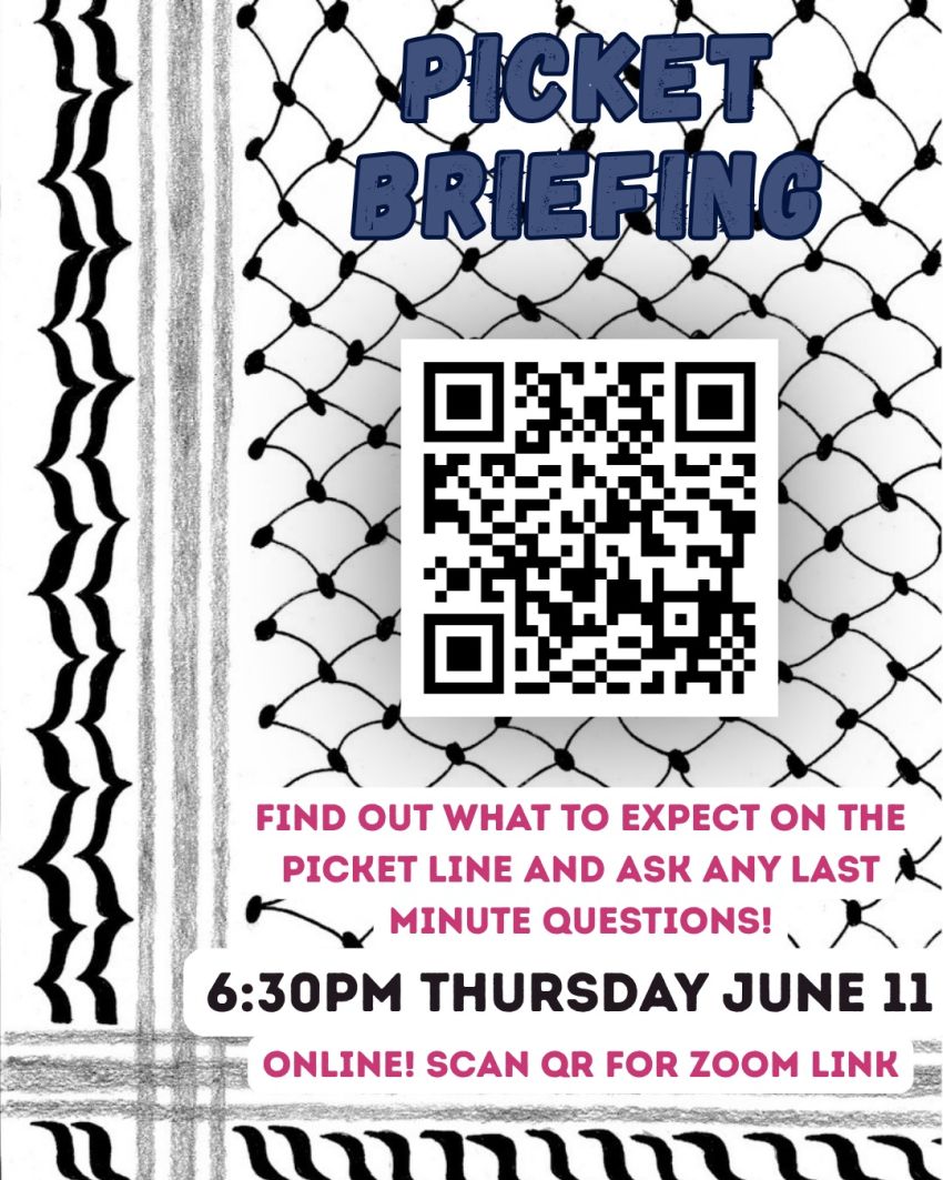 Artwork and leaflet/poster for event "Picket Bisalloy Briefing" 6:30pm 11/06/2026 online with Zoom