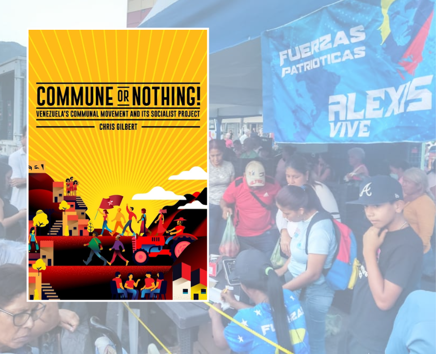 book cover against photo of communal food market