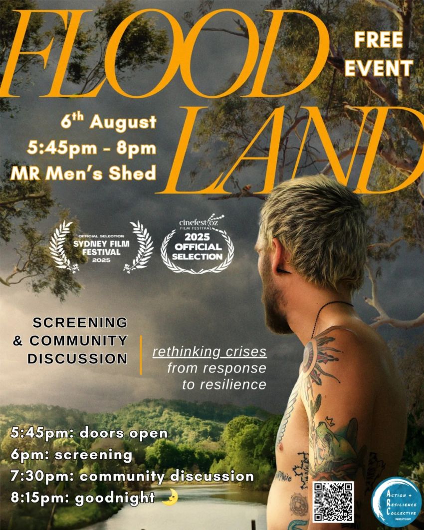 Artwork and poster for event "Floodland Screening & Community Discussion on Resilience" 5:45pm-8-pm 06/08/2026 The Men's Shed, 5 Shepherdson Pl, Margaret River WA 6285
