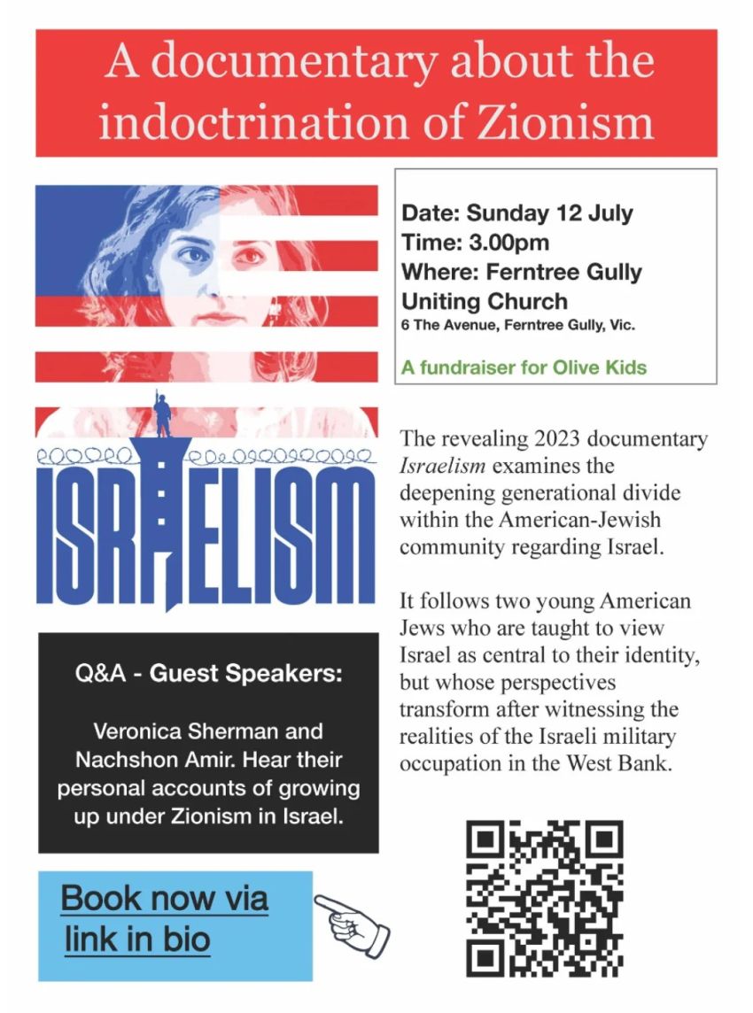 Artwork and poster for event "Film screening + Q&A: Israelism" 3pm 12/07/2026 Ferntree Gully Uniting Church, 6 The Avenue, Ferntree Gully VIC 3156