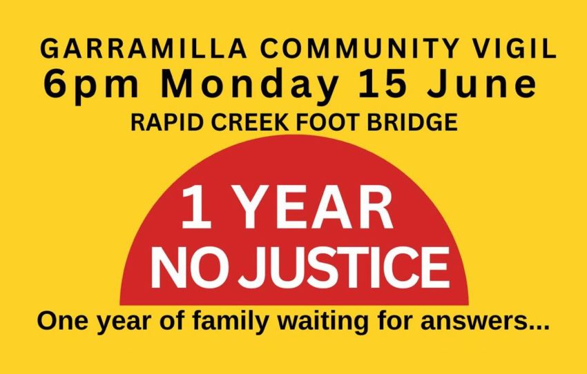 Artwork and main image for event listing "Garramilla Community Vigil: 1 Year No Justice" 6pm 15/06/2026 Rapid Creek footbridge, 352 Casuarina Dr, Rapid Creek NT 0810