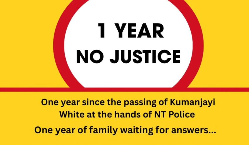 Artwork ahd main image for event listing "1 Year No Justice National Day of Action" 6pm 15/06/2026 Redfern Police Station, Lawson St & Gibbons St Redfern NSW 2016