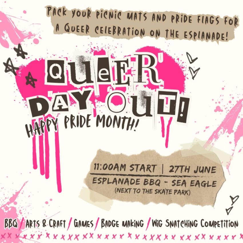 Artwork and slide for event "Queer Day Out BBQ & Picnic" 11am 27/06/2026 Esplanade BBQ - Sea Eagle, Esplanade Gimuy Qld 4870