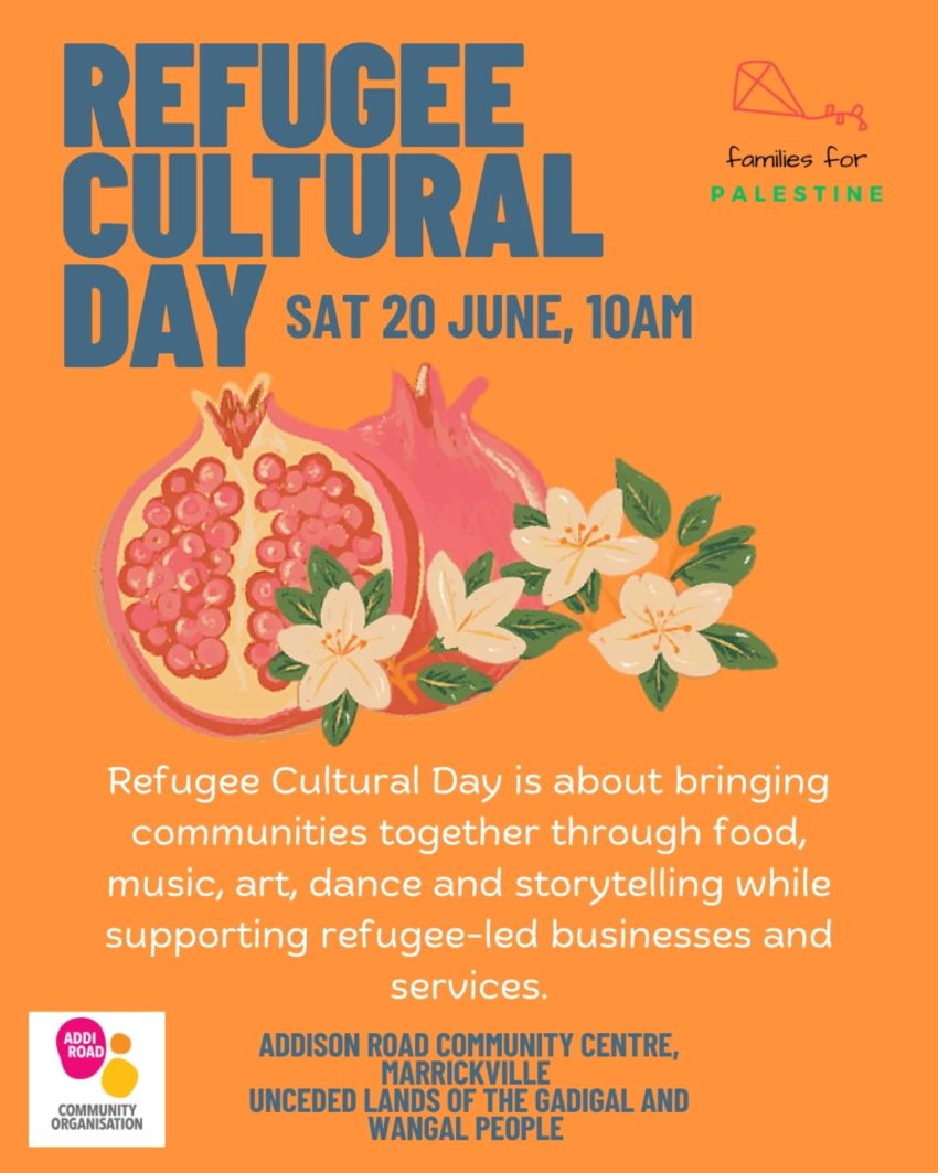Artwork and poster for event "Refugee Cultural Day" 10am 20/06/2026 Addison Road Community Organisation, 142 Addison Rd, Marrickville NSW 2204