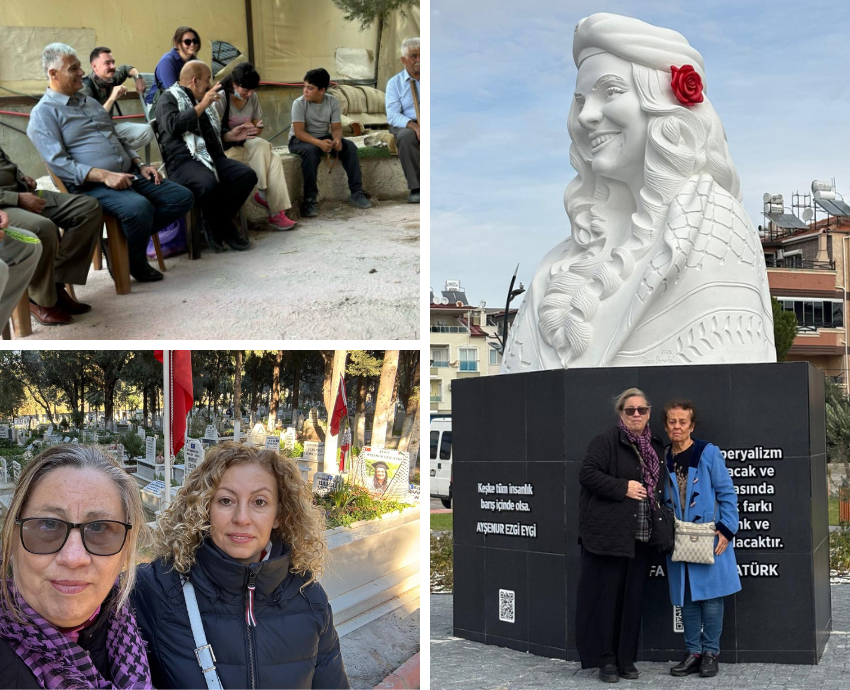 Three photos of memorials and people