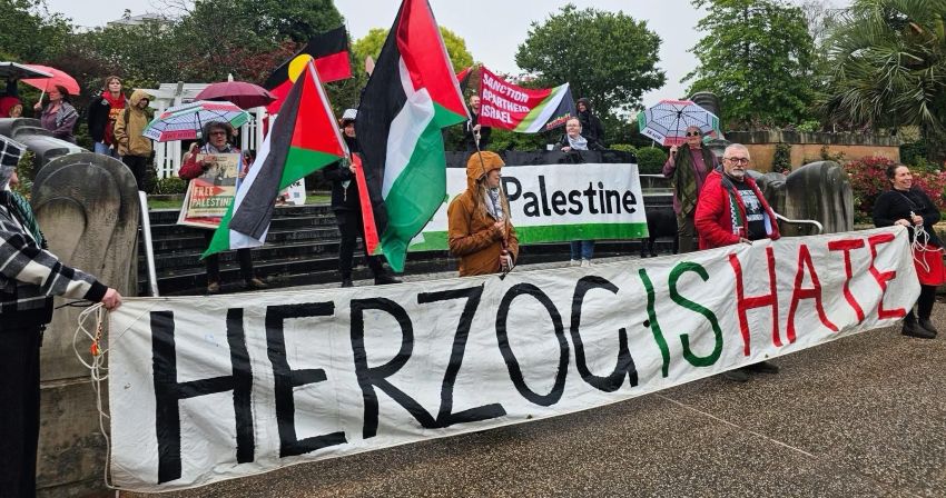 Cropped photo of protest in the Blue Mountains against the visit to Australia by Israel's president Isaac Herzog