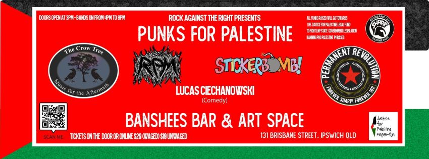 Artwork and image for event "Punks For Palestine" 3pm-8pm 19/07/2026 Banshees Bar & Art Space, 131 Brisbane St, Ipswich QLD 4305