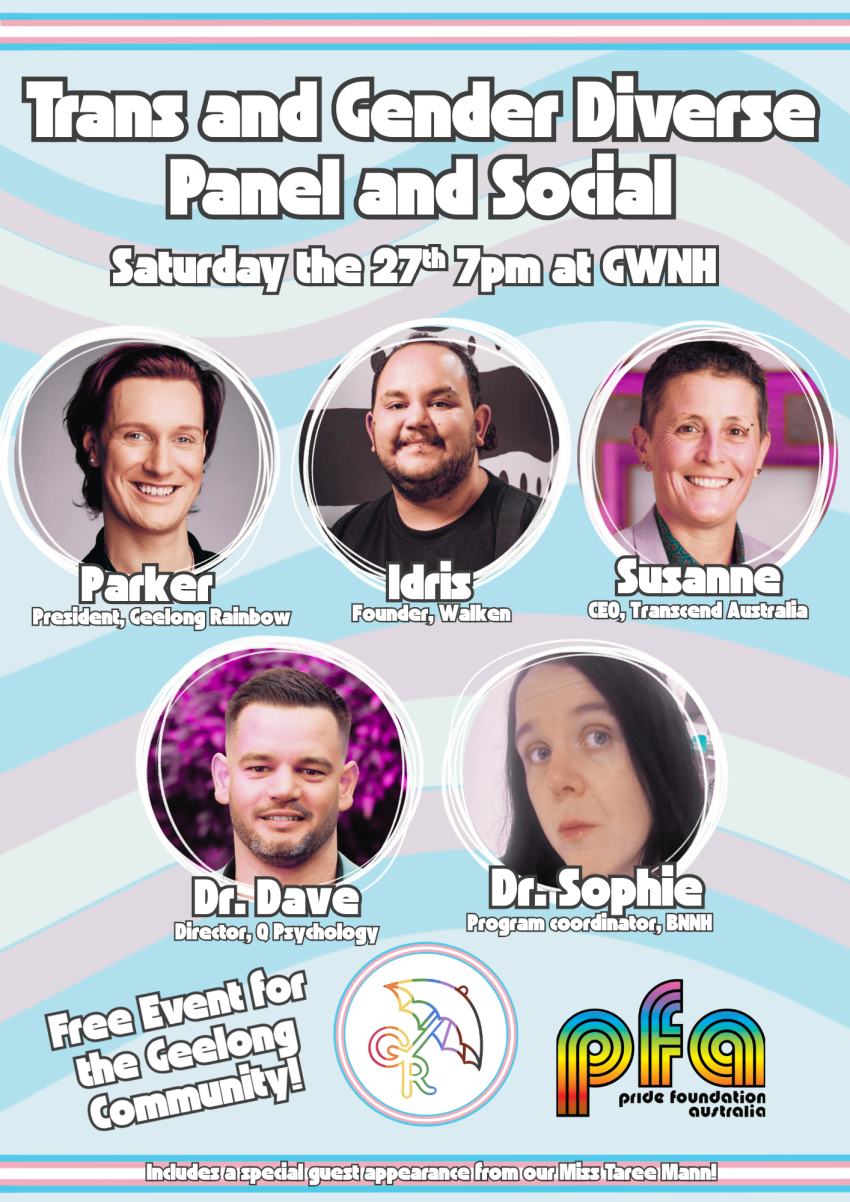 Artwork and poster for event "Trans and Gender Diverse Panel and Social" 7pm 27/06/2026 Geelong West Neighbourhood House, 89 Autumn St, Geelong West VIC 3218