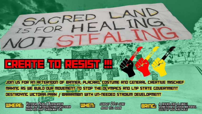 Artwork and image for event "Create to Resist! Save Victoria Park Barrambin from Olympic Stadiums – Banners n Birds creative workshop" 12pm till dark, 21/06/2026 near the intersection of Victoria Park Rd & Carraway St Kelvin Grove QLD 4006