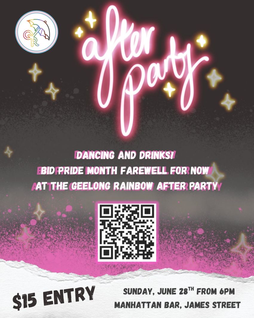 Artwork and poster for event "Geelong Rainbow – Pride Month After Party" 7pm 28/06/2026 Manhattan Bar, 9 James St, Geelong VIC 3220