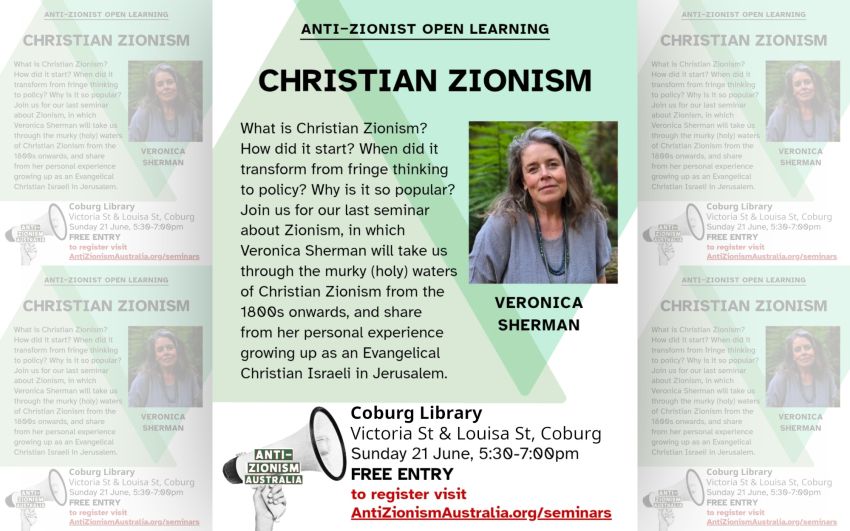 Artwork and image for event "Seminar: Christian Zionism" 5:30pm-7pm 21/06/2026 Coburg Library, 36 Louisa St, Coburg VIC 3058