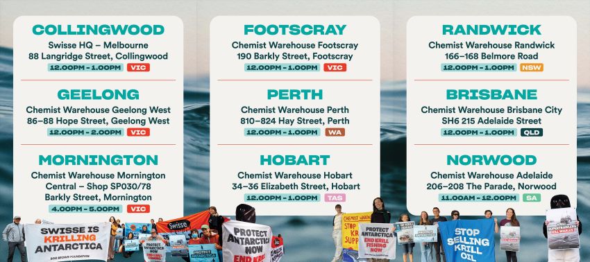 Artwork and image for protests around Australia "Stop Krilling Antartica" on 30/06/2026