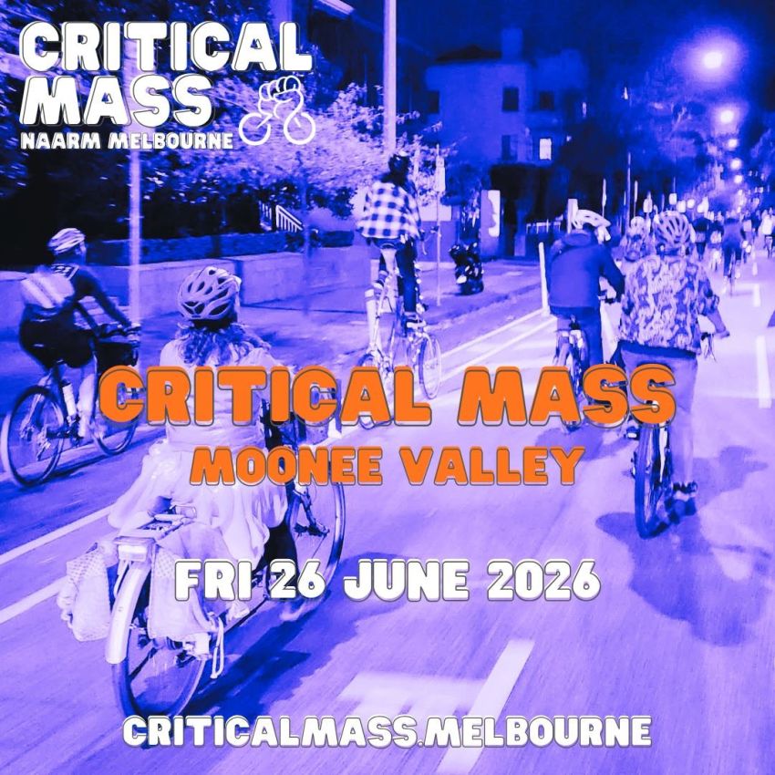 Artwork and image for event "Critical Mass – Moonee Valley" 5:30pm 26/06/2026 State Library Victoria, 328 Swanston St, Naarm VIC 3000