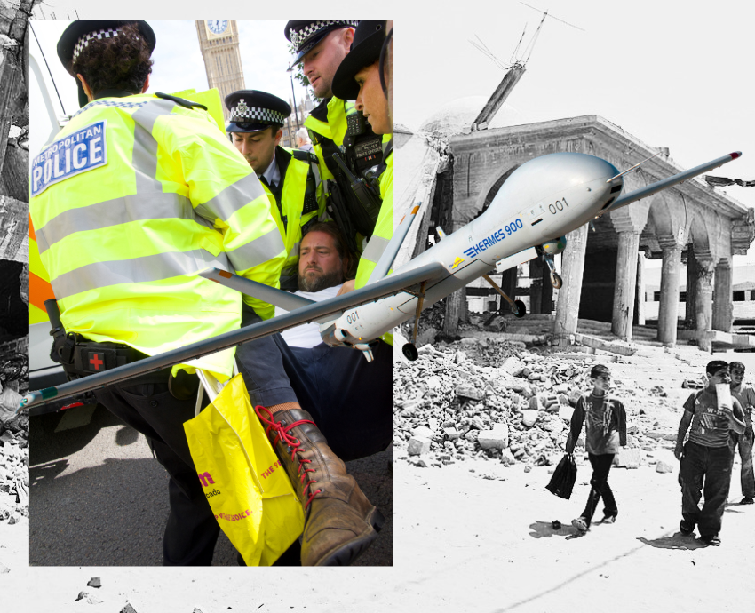 protester being arrested, drone, Gaza in ruins