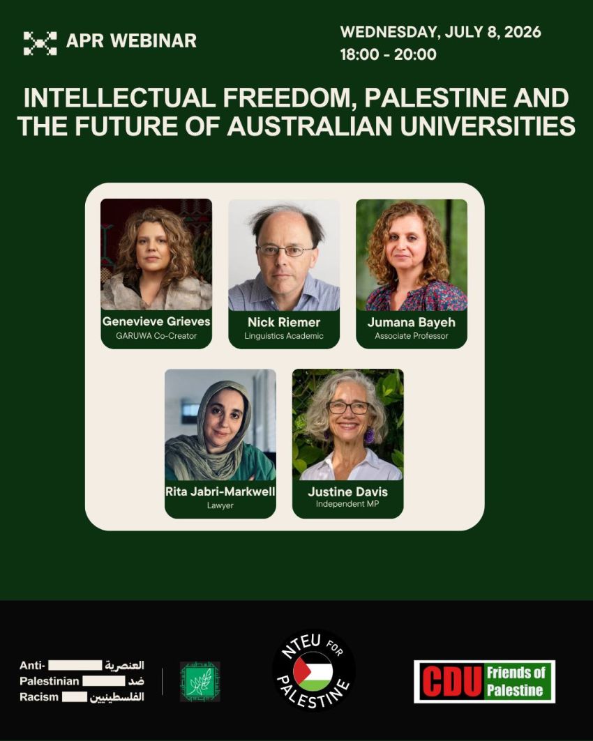 Artwork and poster for event "Webinar: Intellectual freedom, Palestine and the future of Australian universities"