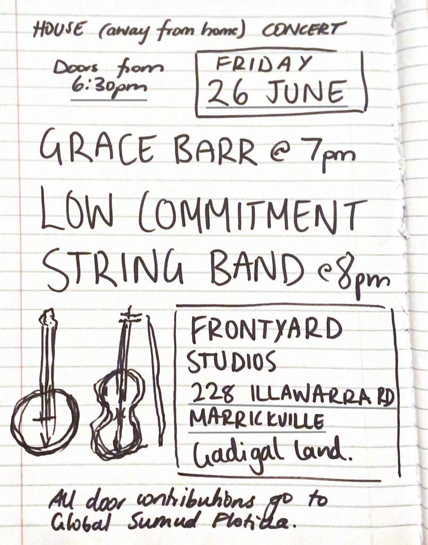 Artwork and poster for event "HOUSE (away from home) CONCERT" 6:30pm 26/06/2026 Frontyard Studios, 228 Illawarra Rd, Marrickville NSW 2204