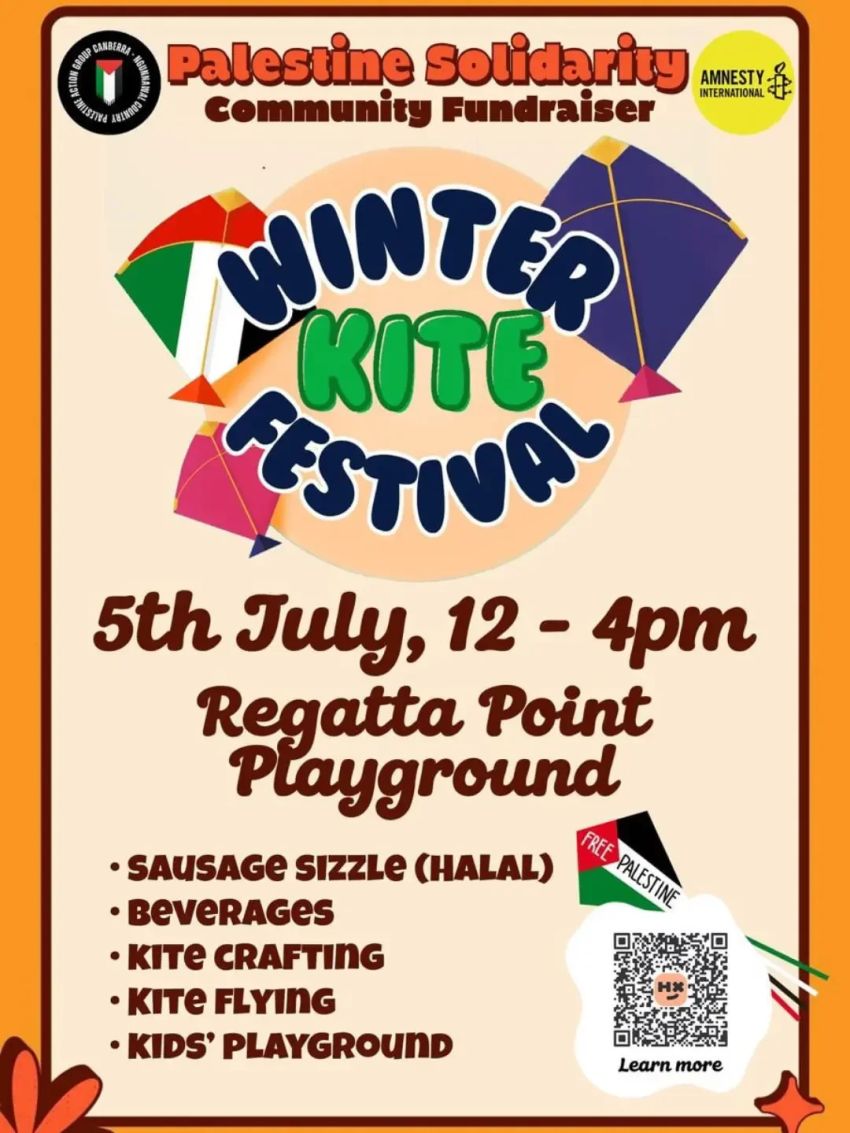 Artwork and poster for event "Palestine Solidarity Winter Kite Festival" 12pm-4pm 05/07/2026 Regatta Point Playground, 1 Barrine Dr, Parkes ACT 2600