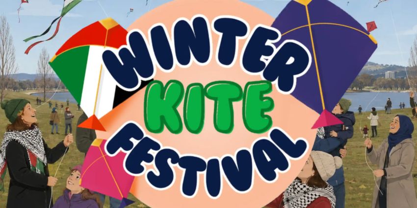 Artwork and image for event "Palestine Solidarity Winter Kite Festival" 12pm-4pm 05/07/2026 Regatta Point Playground, 1 Barrine Dr, Parkes ACT 2600