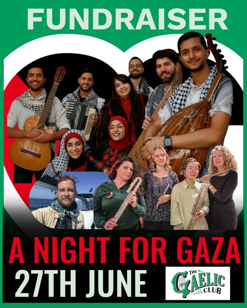 Artwork and poster for event "Fundraiser: A Night for Gaza" Doors from 6pm, event from 7pm-10pm 27/06/2026 The Gaelic Club, 1/64 Devonshire St, Surry Hills NSW 2010