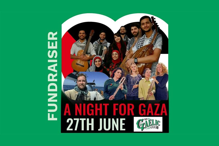 Artwork and image for event "Fundraiser: A Night for Gaza" Doors from 6pm, event from 7pm-10pm 27/06/2026 The Gaelic Club, 1/64 Devonshire St, Surry Hills NSW 2010