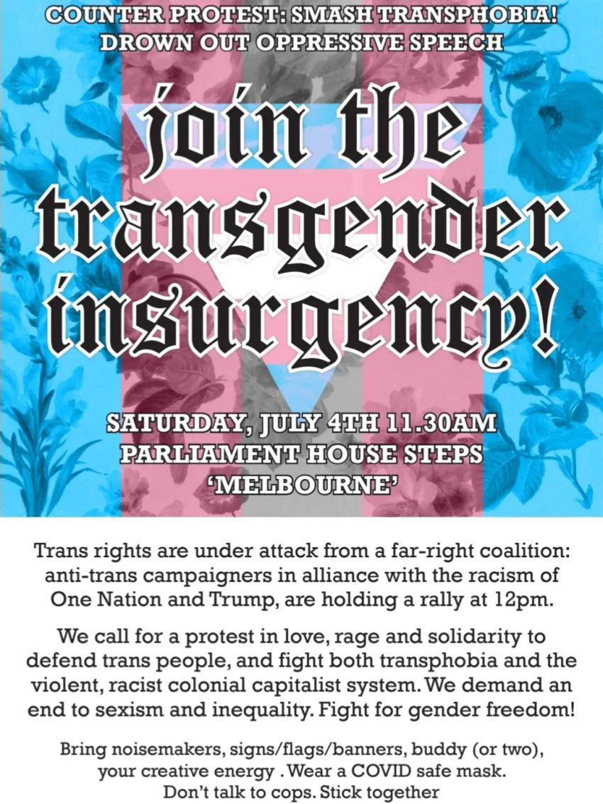 Artwork and poster for event "Join the transgender insurgency!" 11:30am 04/07/2026 Parliament of Victoria, Spring Street, East Melbourne VIC 3002