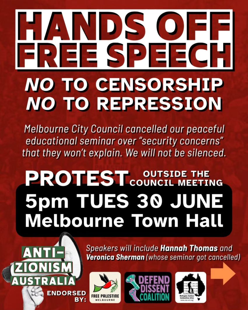 Artwork and poster for event "Protest: Hands Off Free Speech" 5pm 30/06/2026 Melbourne Town Hall, 90/130 Swanston St, Melbourne VIC 3000