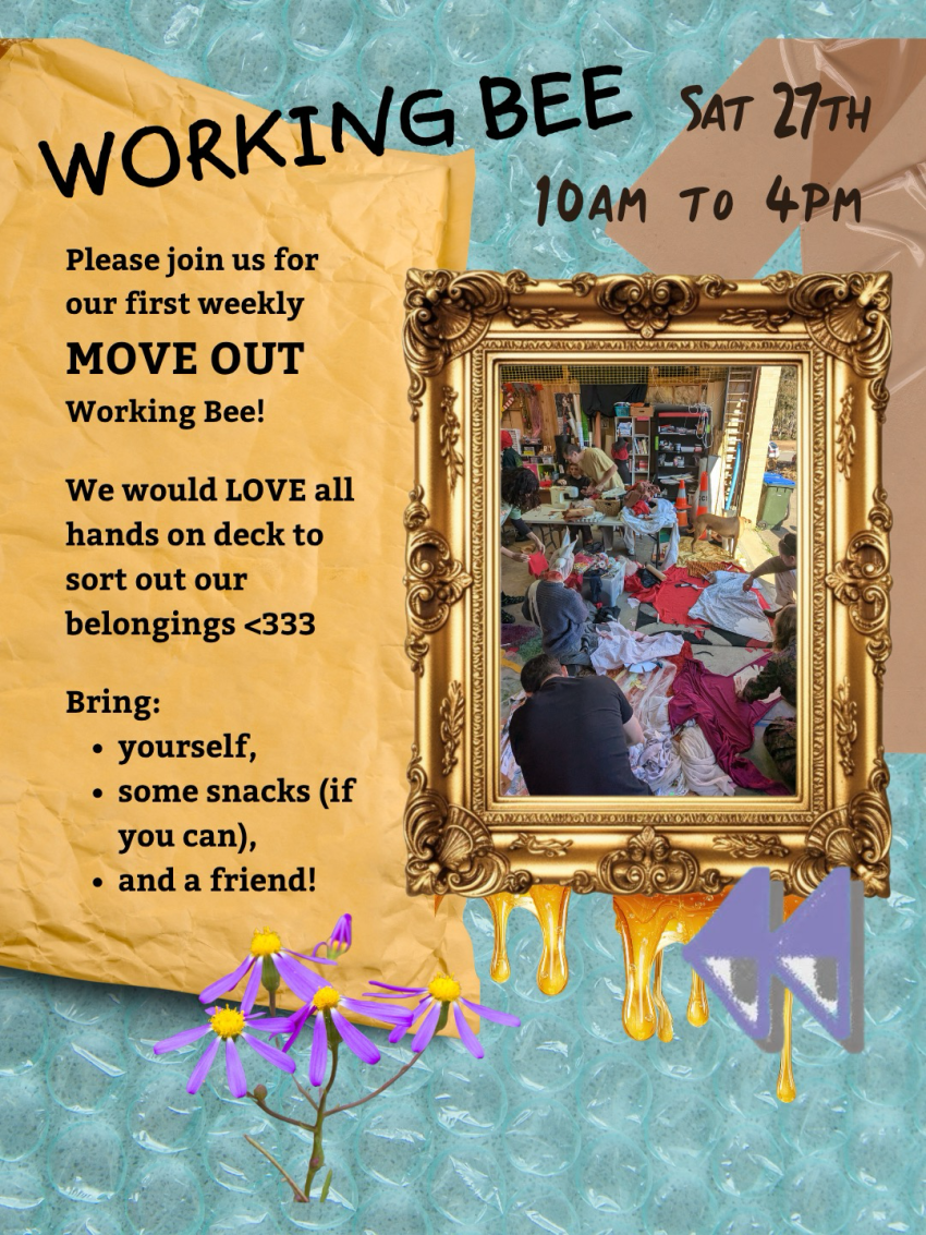 Artwork and poster for event "Rewind Sound & Studio's first weekly Move Out Working Bee" 10am-4pm 27/06/2026 Rewind Sound & Studios, 7A Barrpowell St, Welland SA 5007