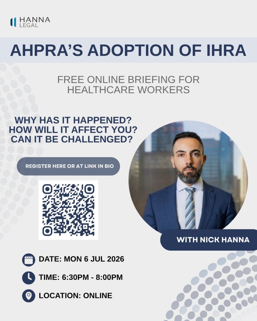 Artwork and poster for event "AHPRA's adoption of IHRA – Free online briefing for healthcare workers" 6:30pm-8pm 06/07/2026 online