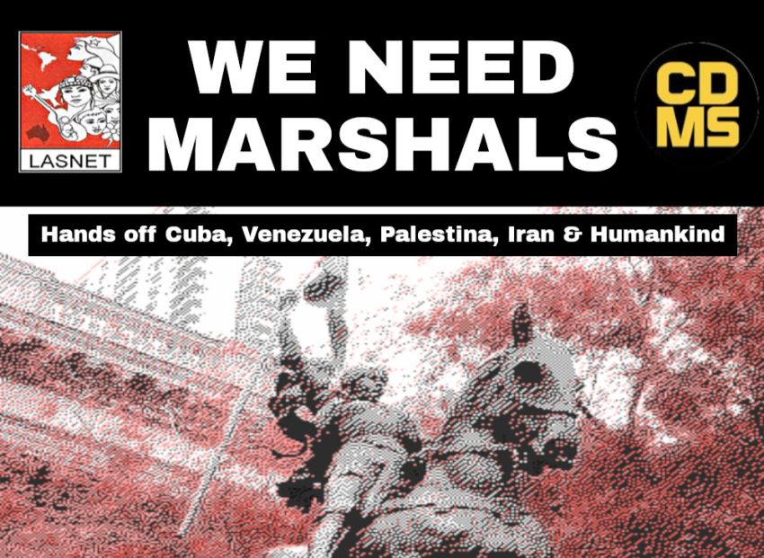 Artwork and image for event "Marshal training for the End US Imperialism rally" 11am 04/07/2026 State Library Victoria, top of the steps, near the Joan of Arc statue, 328 Swanston St, Naarm VIC 3000