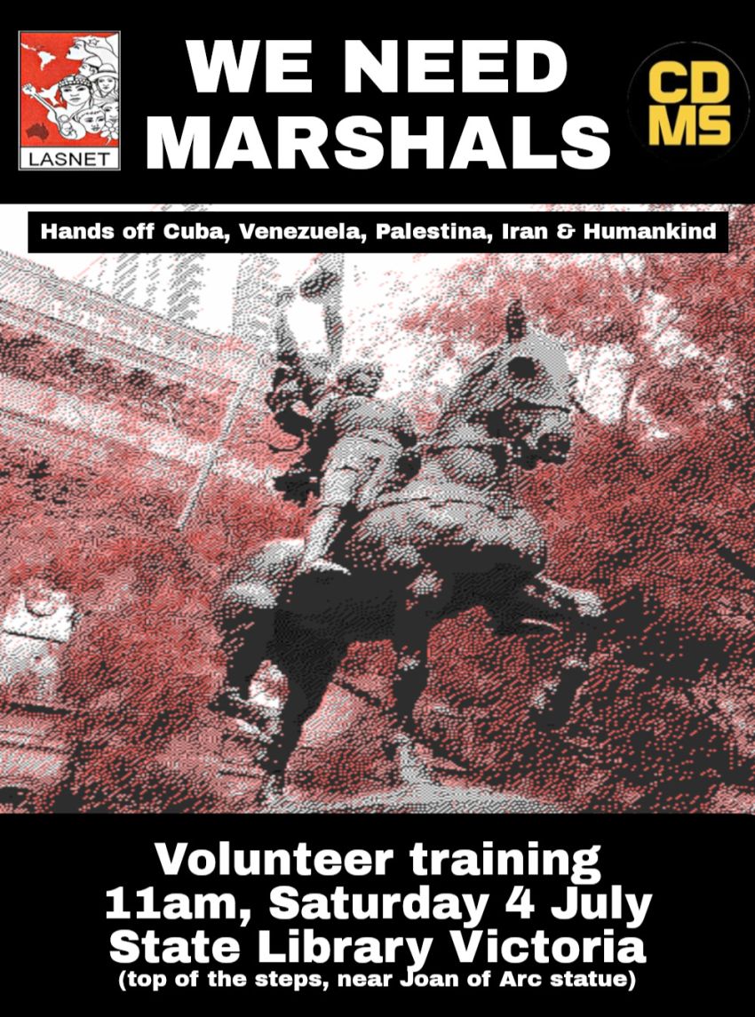 Artwork and poster for event "Marshal training for the End US Imperialism rally" 11am 04/07/2026 State Library Victoria, top of the steps, near the Joan of Arc statue, 328 Swanston St, Naarm VIC 3000