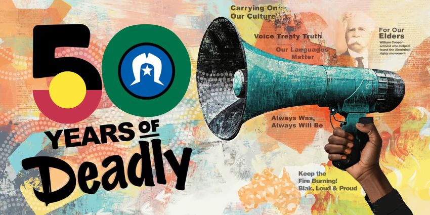 Artwork and image celebrating NAIDOC 50 Years Deadly